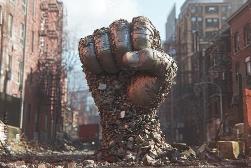 Rubble Fist Rising in Urban Street - Symbol of Resistance and Strength Amidst City Ruins photo