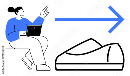 Person with bun hairstyle and blue sweater sits with laptop, points at large shoe alongside blue arrow. Ideal for marketing, e-commerce, online shopping, fashion, consumer behavior, presentations