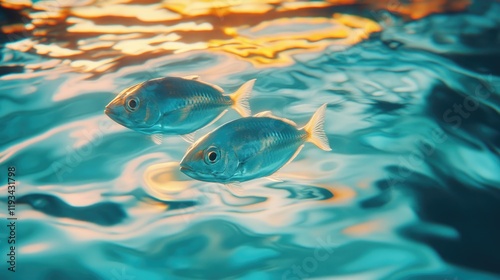 A mesmerizing shot of electric fish reflecting light in a shimmering ocean photo