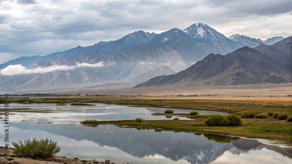 Mountain River Reflection Cloudy Sky, Wide Composition, Serene Landscape, Pamir Mountains landscape photography, mountain reflection Mountain River Reflection Cloudy Sky, Wide Composition, Serene Landscape, Pamir Mountains landscape photography, mountain reflection