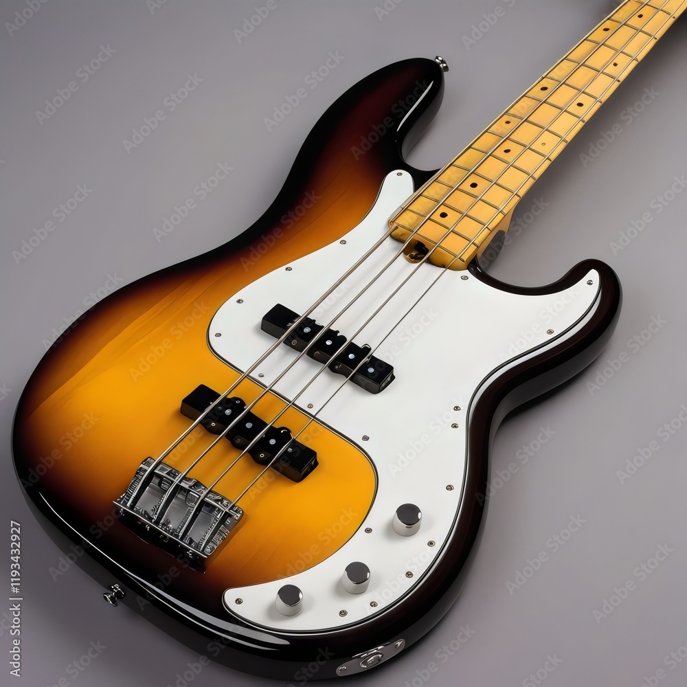 Close-Up of Electric Bass Guitar with Sunburst Finish, Featuring Maple Neck and White Pickguard, Highlighting Detailed Craftsmanship and Classic Design Close-Up of Electric Bass Guitar with Sunburst Finish, Featuring Maple Neck and White Pickguard, Highlighting Detailed Craftsmanship and Classic Design