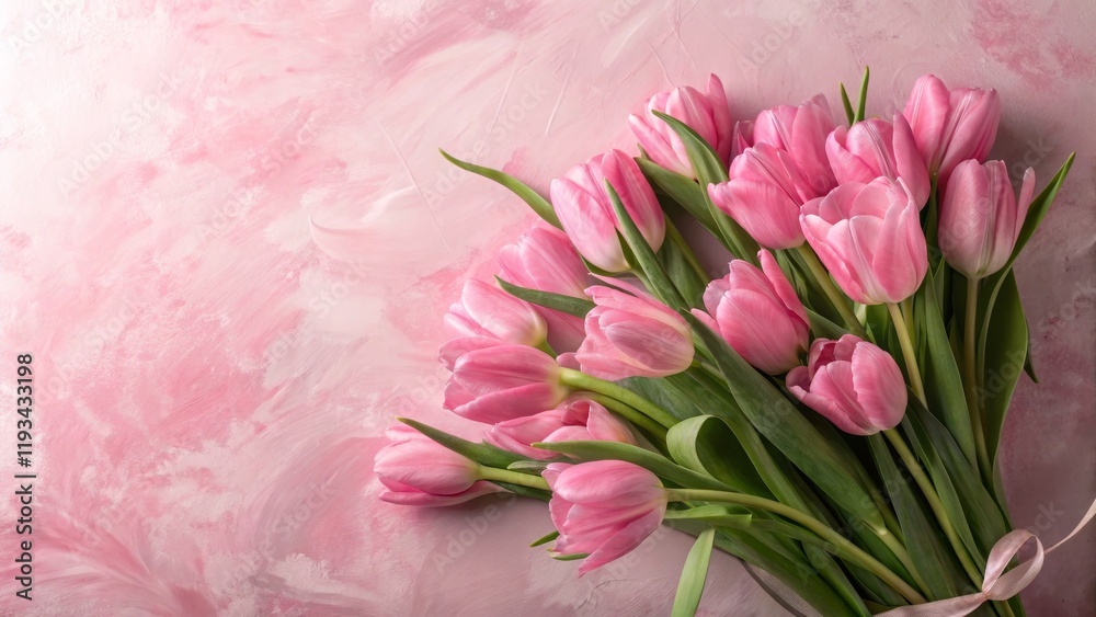 Obraz premium Pink Tulips Bouquet on Pink Textured Background Floral Composition, Spring Flowers, Romantic Concept Spring flowers, romantic