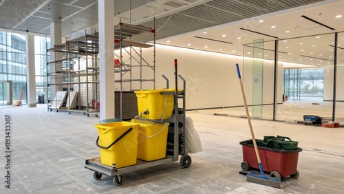 Post-Construction Cleaning Modern Office Interior with Cleaning Cart and Equipment,Large Tile Floor,Scaffolding. Cleaning supplies,Commercial Cleaning