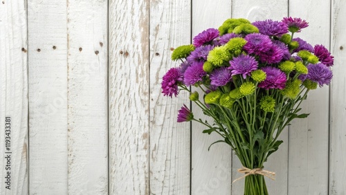 Purple and Green Chrysanthemum Bouquet on White Wood, Floral Arrangement, Still Life Photography, Flowers Keywords Chrysanthemum, Bouquet