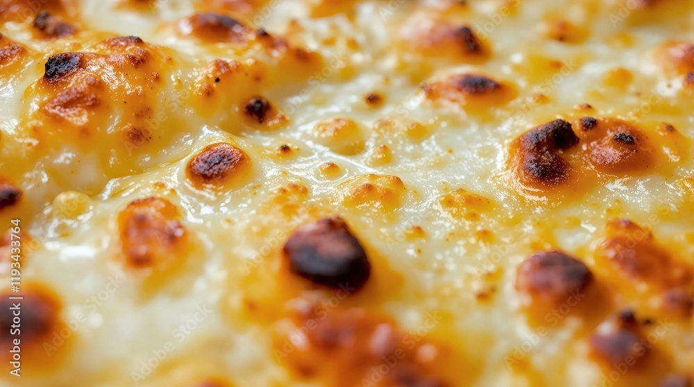 A macro image of golden, bubbly, and slightly charred cheese crust on a pizza or baked dish A macro image of golden, bubbly, and slightly charred cheese crust on a pizza or baked dish