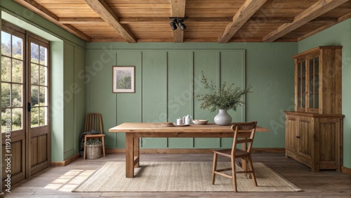 Rustic Farmhouse Dining Room Wooden Beams, Sage Green Walls, Wooden Table and Chairs, Area Rug, Interior Design, Farmhouse Decor Farmhouse, Interior Design