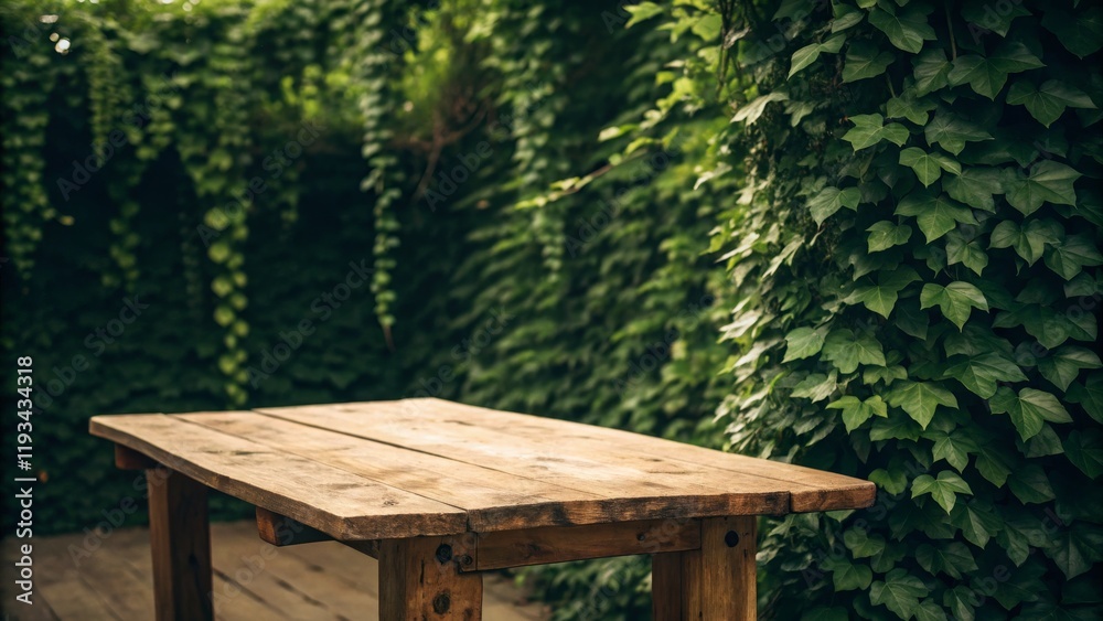 Rustic Wooden Table Against Lush Green Ivy Wall A Composition Study, Tabletop Photography, Nature Concept Keywords Ivy, Tabletop Rustic Wooden Table Against Lush Green Ivy Wall A Composition Study, Tabletop Photography, Nature Concept Keywords Ivy, Tabletop