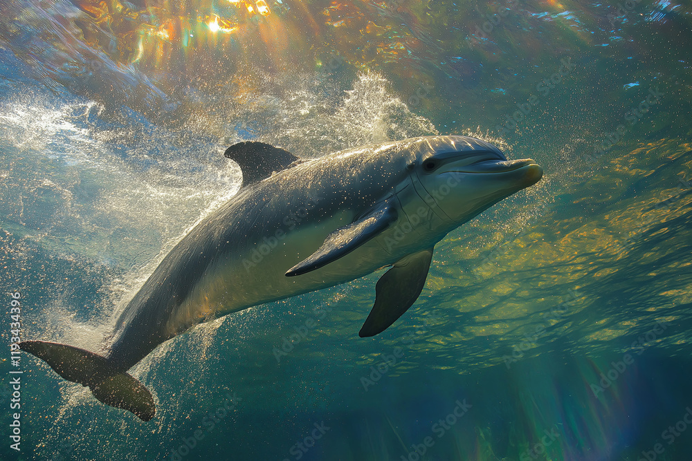 Fototapeta premium A smiling baby dolphin leaping through a sparkling rainbow wave