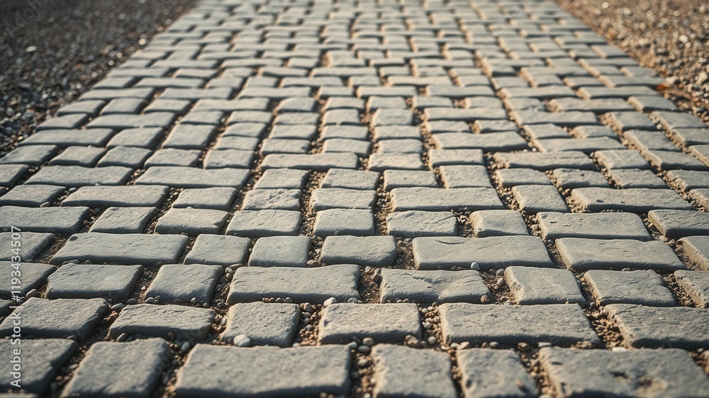 A sunlit cobblestone pathway extending into the distance, showcasing a herringbone pattern and textured stone surface A sunlit cobblestone pathway extending into the distance, showcasing a herringbone pattern and textured stone surface