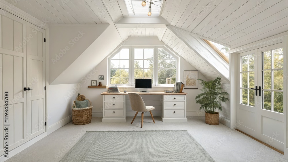 Fototapeta premium Serene Attic Office White Wood Paneling, Large Window, Minimalist Desk, Cozy Rug, Home Office Design, Attic Conversion Home office, minimalist design