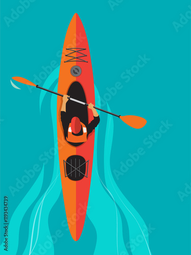 Kayaker paddling in the water overhead view