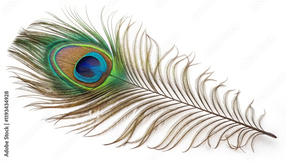 Obraz premium Single Peacock Feather Detailed Macro Photography, Vibrant Colors, Elegant Design, Nature, Bird Peacock feather, macro photography