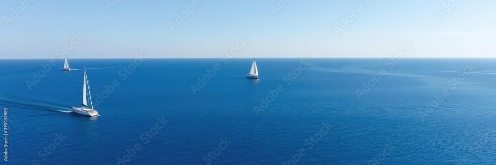 Obraz premium A tranquil blue ocean with sailboats and yachts gliding smoothly across the surface, sailing, blue