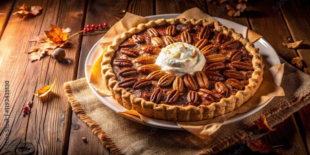 A Delicious Pecan Pie with a Whipped Cream Topping, Set on a Rustic Wooden Table with Autumn Leaves A Delicious Pecan Pie with a Whipped Cream Topping, Set on a Rustic Wooden Table with Autumn Leaves