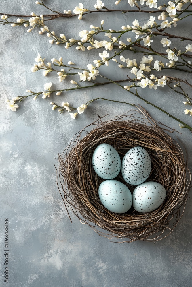 Nest with speckled blue eggs and delicate flowers on a gray background Nest with speckled blue eggs and delicate flowers on a gray background