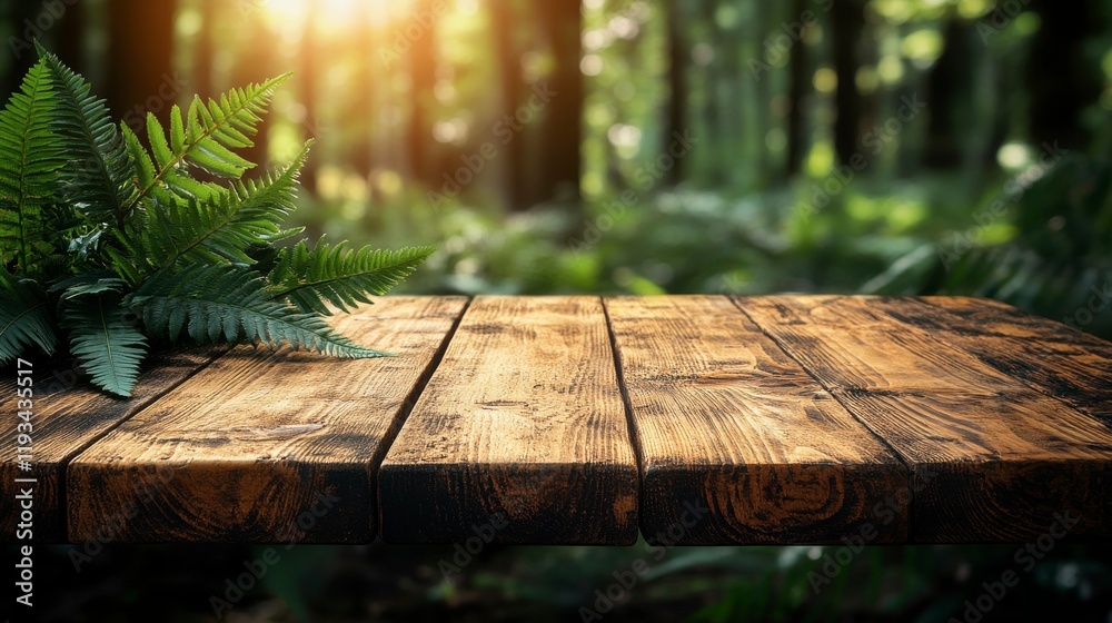 A beautiful spring outdoor scene featuring fresh green leaves and a wooden table, surrounded by sunlight and bokeh effects for a natural and serene background A beautiful spring outdoor scene featuring fresh green leaves and a wooden table, surrounded by sunlight and bokeh effects for a natural and serene background
