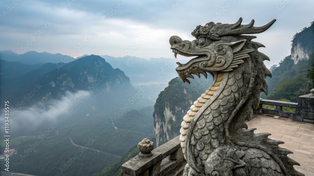 Obraz premium Stone Dragon Statue Overlooking Misty Mountains, Landscape Photography, China, Dragon Sculpture, Asian Art Dragon statue, mountain landscape