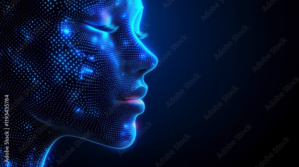 Fototapeta premium A blue background with a circuit board face outline and binary data flows, representing AI, machine learning, and the fast progression of technology in the robot revolution