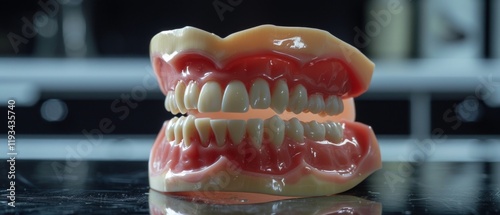 Dentures on black background. Suitable for dental clinics, oral health education materials and denture advertising. photo