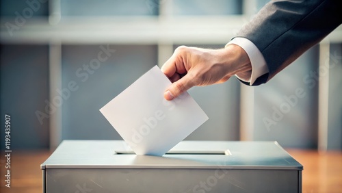 Hand Placing Ballot in Box Close-up Composition, White Paper, Voting Concept, Election, Democracy, Politics Election, Voting