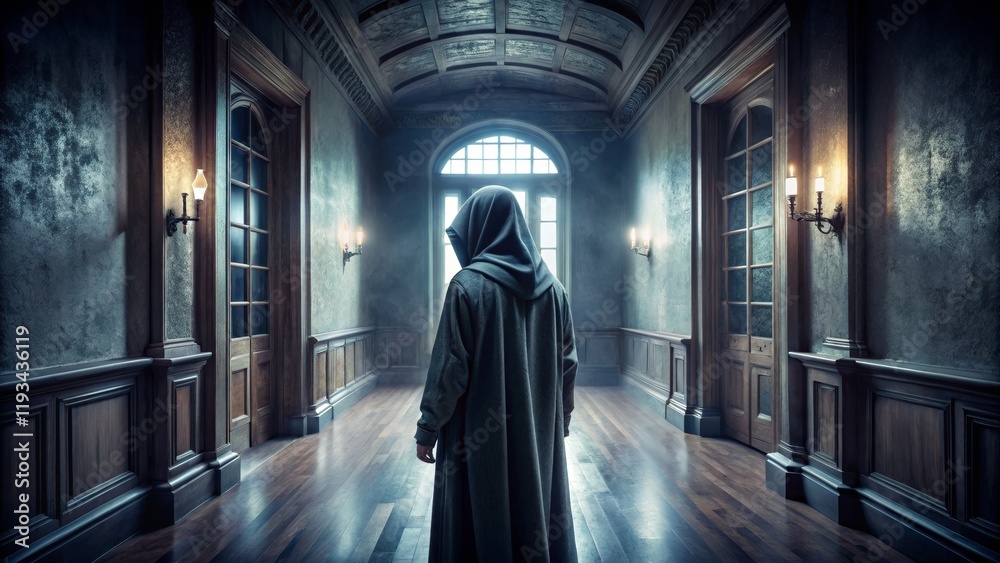Hooded Figure in Grand Hallway Dark, Moody Composition, Mysterious Concept, Interior Design, Gothic Architecture Keywords Mystery, Fantasy Hooded Figure in Grand Hallway Dark, Moody Composition, Mysterious Concept, Interior Design, Gothic Architecture Keywords Mystery, Fantasy