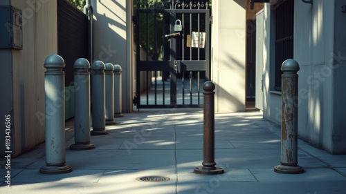 Wallpaper Mural Sunlit Alleyway with Weathered Bollards and a Metal Gate Torontodigital.ca