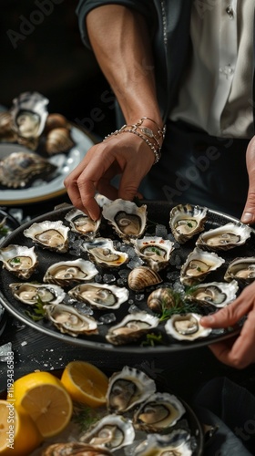 Hands in elegant jewellery serving fresh oysters on ice with lemon. Great for food blogs, restaurants and seafood advertising. photo