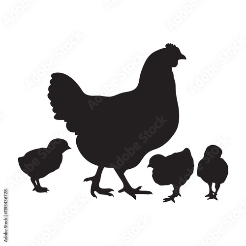 
Mother hen with her chicks silhouette vector, happy mother hen walking with her cute little chicks.
