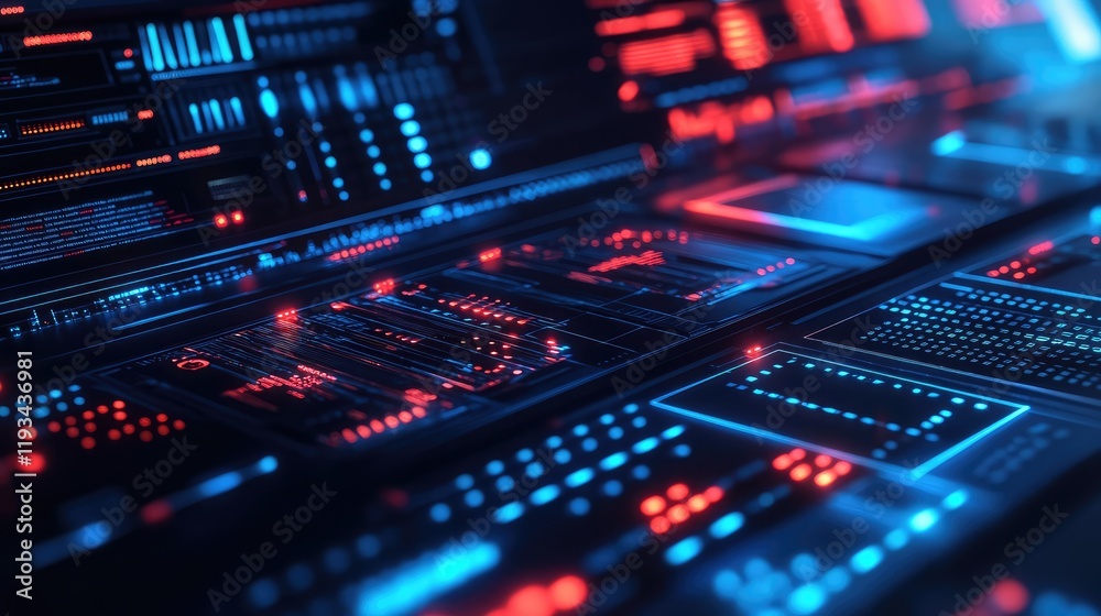A futuristic high-tech computing center with sleek digital interfaces and glowing processors in a dark, modern lab A futuristic high-tech computing center with sleek digital interfaces and glowing processors in a dark, modern lab