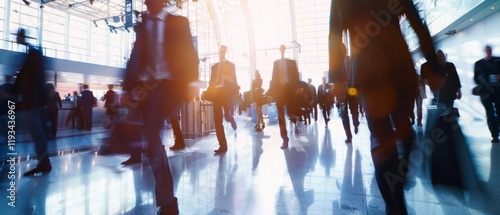 A dynamic scene in a modern exhibition centre with business people rushing about their business. Suitable for business presentations, conference publicity and business events. photo