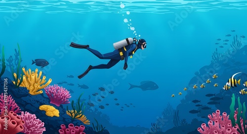 Scuba diver exploring colorful underwater coral reef filled with marine life and vibrant fish in a detailed digital illustration style