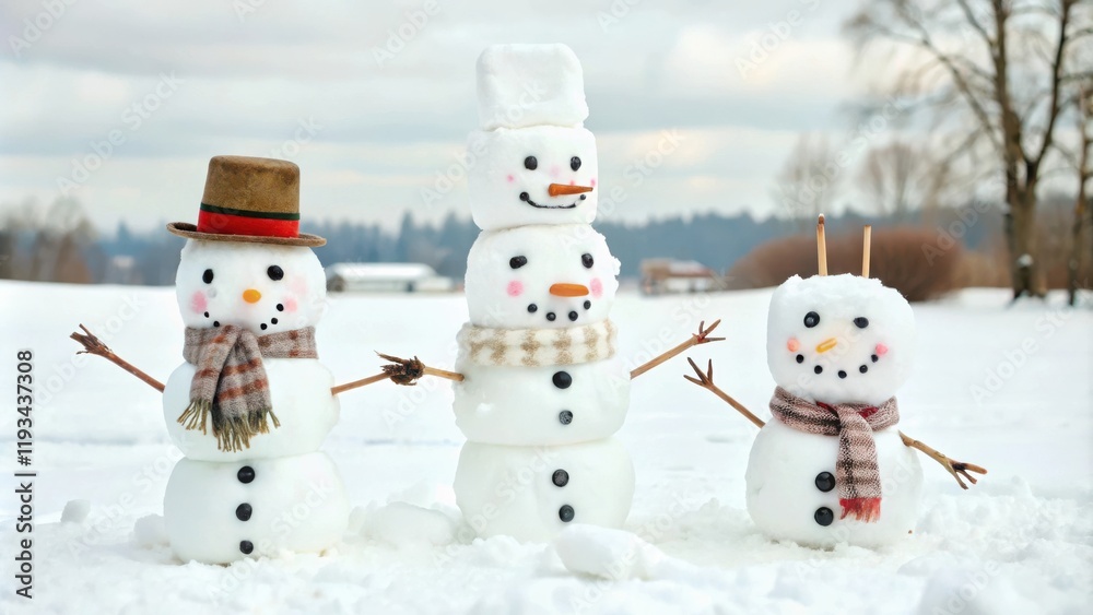 A trio of snowmen, each with unique personality and charm, stand proudly in the snowy landscape, their stick arms outstretched in a cheerful welcome.
