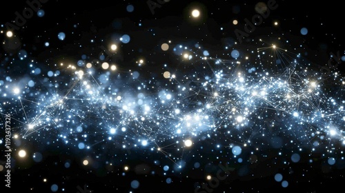 A fictional network of luminous particles linked by intricate lines and connectors creating a dynamic visualization of abstract connections and dependencies