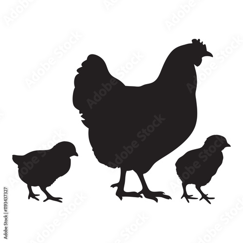 
Mother hen with her chicks silhouette vector, happy mother hen walking with her cute little chicks.
