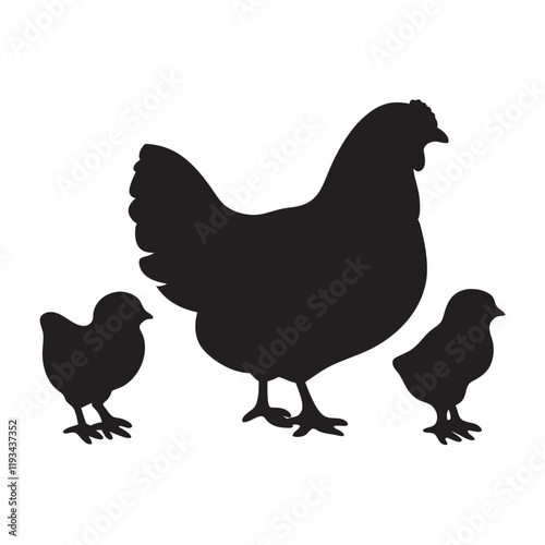 
Mother hen with her chicks silhouette vector, happy mother hen walking with her cute little chicks.
