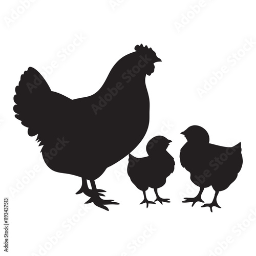 
Mother hen with her chicks silhouette vector, happy mother hen walking with her cute little chicks.
