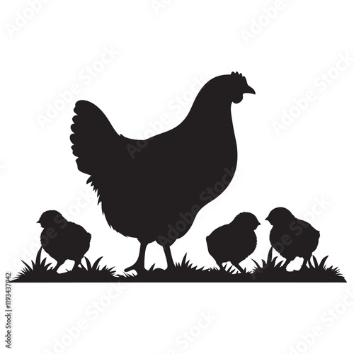 
Mother hen with her chicks silhouette vector, happy mother hen walking with her cute little chicks.
