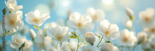 White flowers bloom against a soft blue background in a tranquil setting