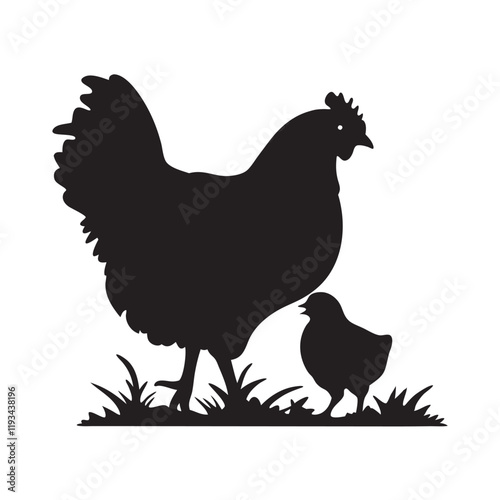 
Mother hen with her chicks silhouette vector, happy mother hen walking with her cute little chicks.
