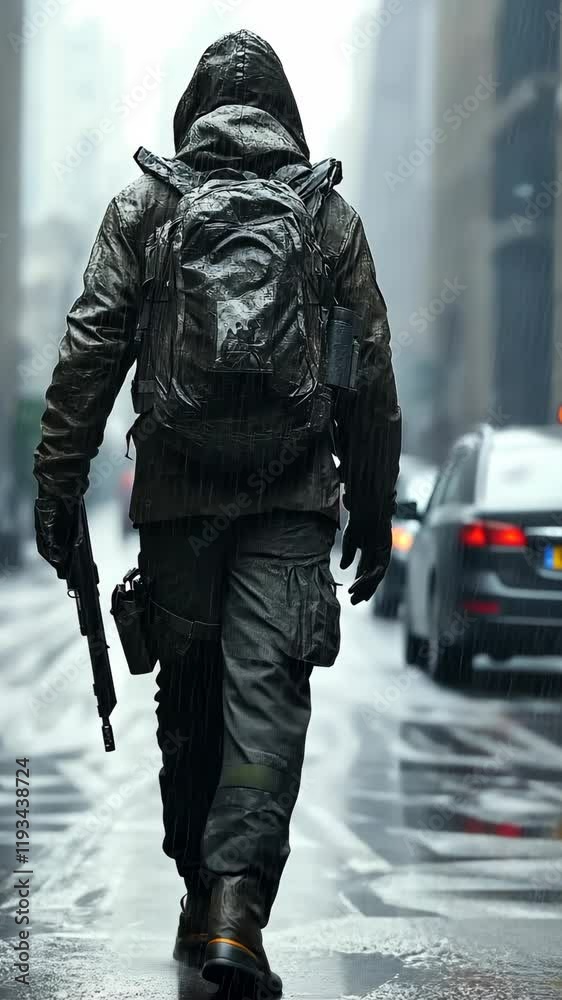 Mysterious figure walks through a rainy urban street carrying a firearm in the late afternoon Mysterious figure walks through a rainy urban street carrying a firearm in the late afternoon