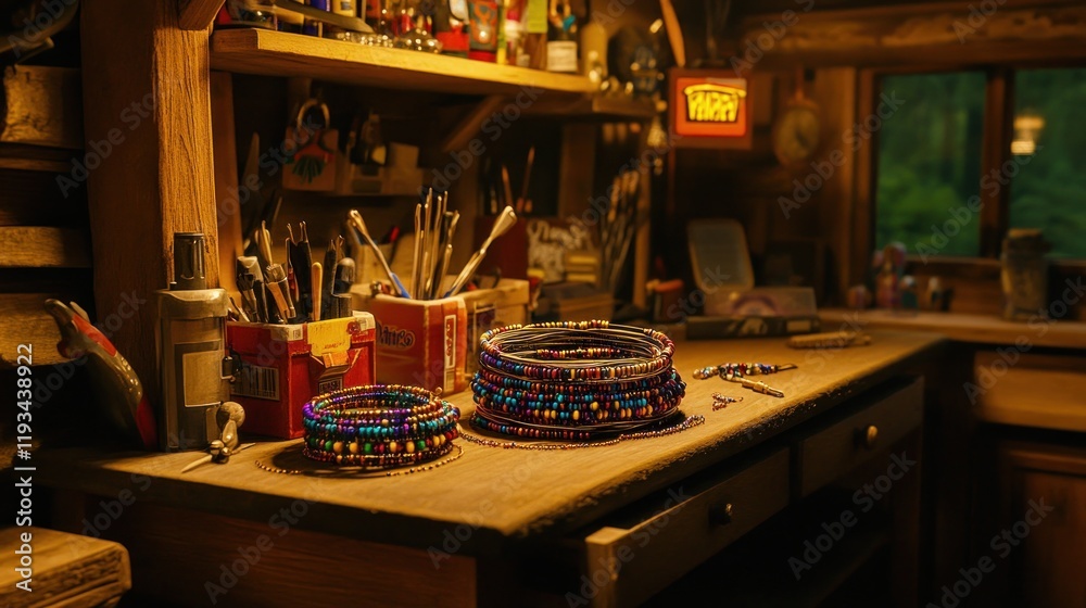 Artisan Workshop Featuring Unique Beaded Jewelry Creations on a Rustic Wooden Workbench