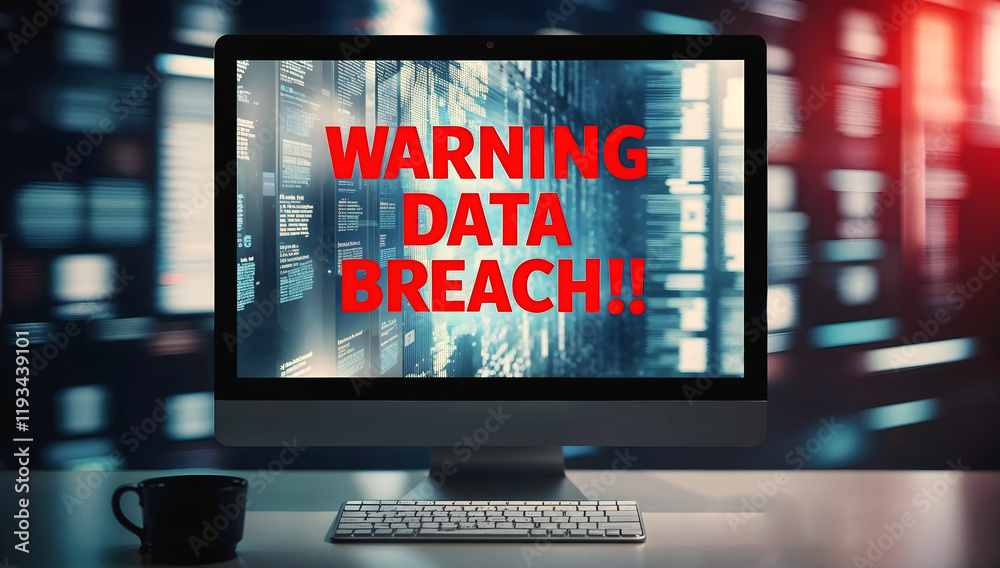 Red text warning data breach alert warning on computer monitor screen, scammers, display background