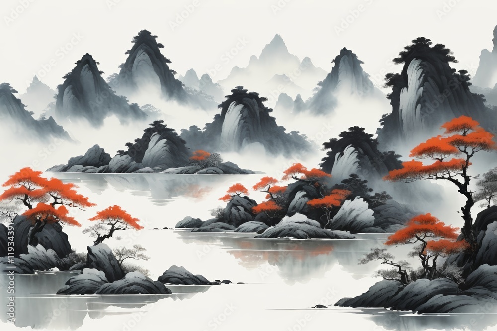 there is a painting of a mountain scene with trees and rocks there is a painting of a mountain scene with trees and rocks