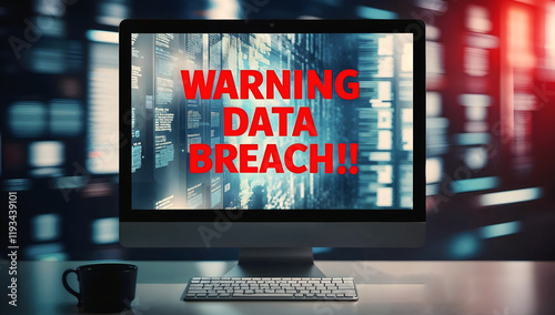 Obraz na płótnie Red text warning data breach alert warning on computer monitor screen, scammers, display background w salonie