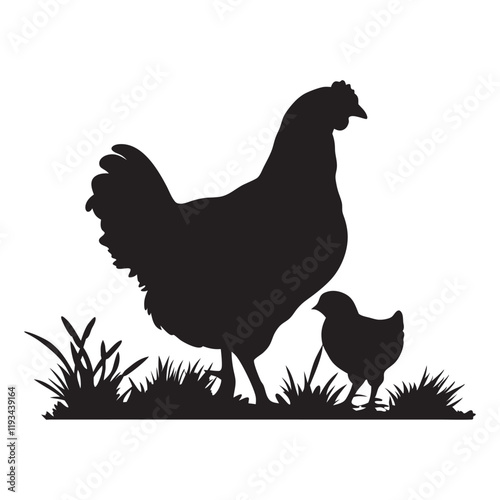 
Mother hen with her chicks silhouette vector, happy mother hen walking with her cute little chicks.
