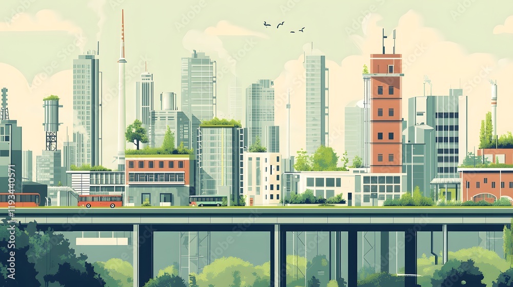 Obraz premium Green Cityscape Modern Buildings and Lush Greenery