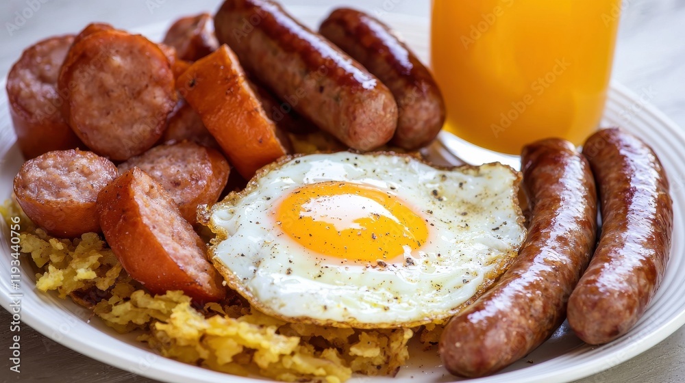 Hearty breakfast feast with hash browns and sausages kitchen table food cozy atmosphere close-up view Hearty breakfast feast with hash browns and sausages kitchen table food cozy atmosphere close-up view