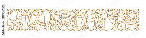 Coffee and tea, cocoa. Vector line border for cafe