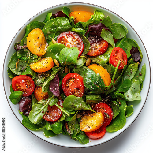 Fresh salad made with mixed greens, tomatoes, and peaches on a white plate