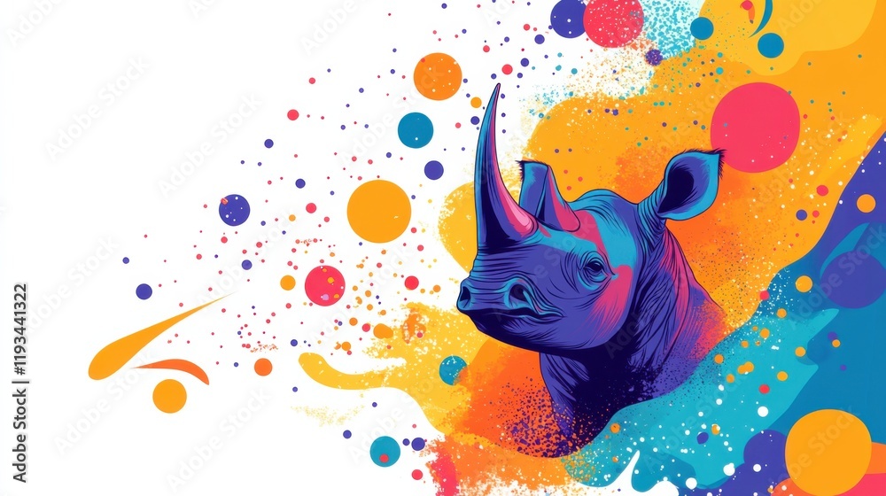 Obraz premium Colorful Artistic Representation of a Rhinoceros with Abstract Splash Background in Vibrant Hues of Blue, Pink, and Orange